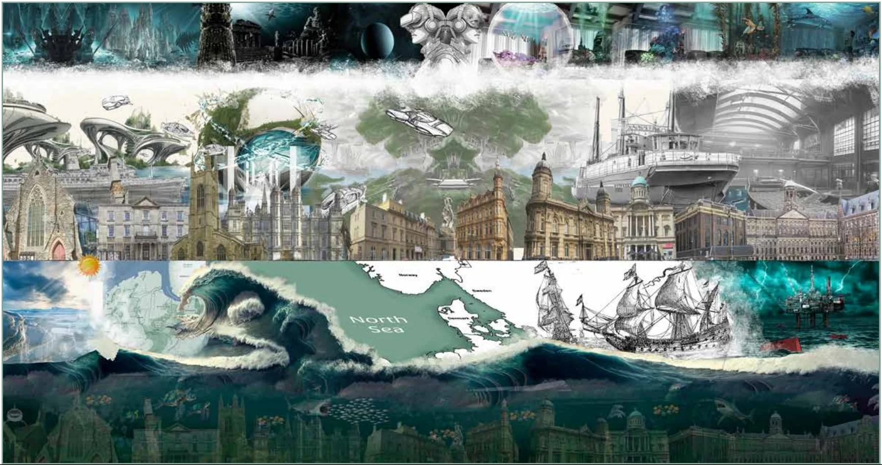 Collage of Grimsby heritage and the North Sea